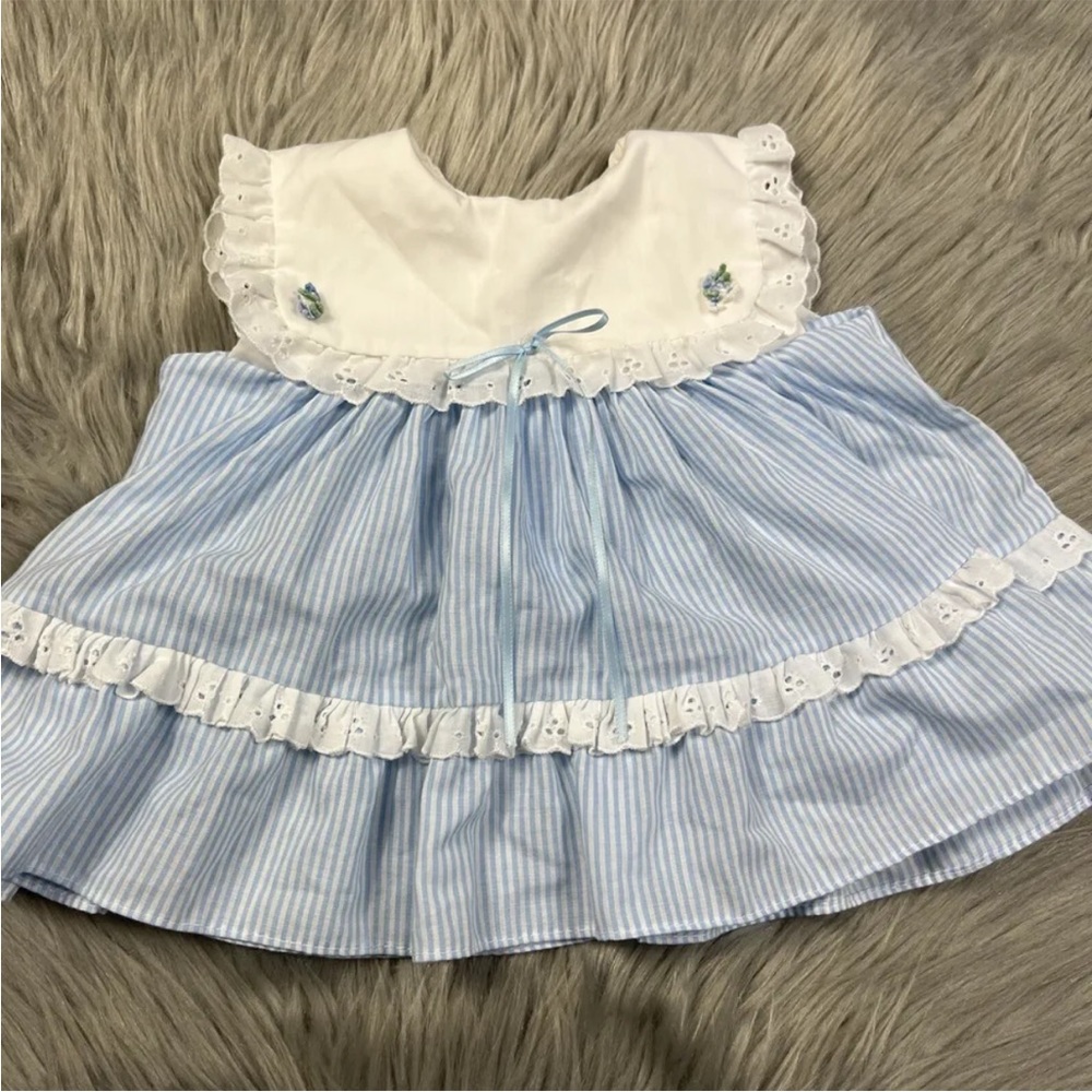 Vintage Baby Girls Blue White Striped Ruffle Dress